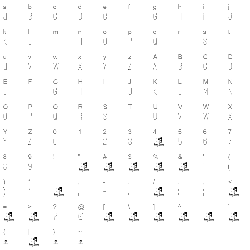 Headlines UniA Thin Character Map