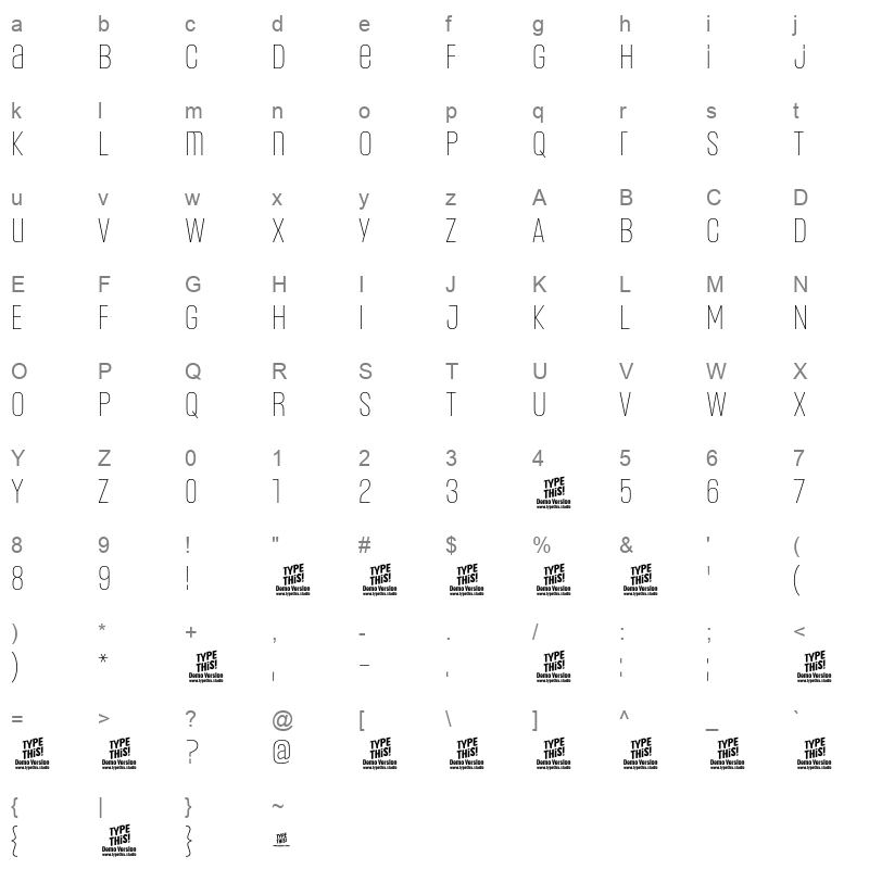 Headlines UniB Light Character Map