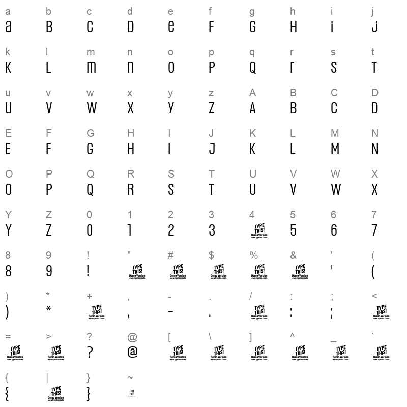 Headlines UniB Regular Character Map