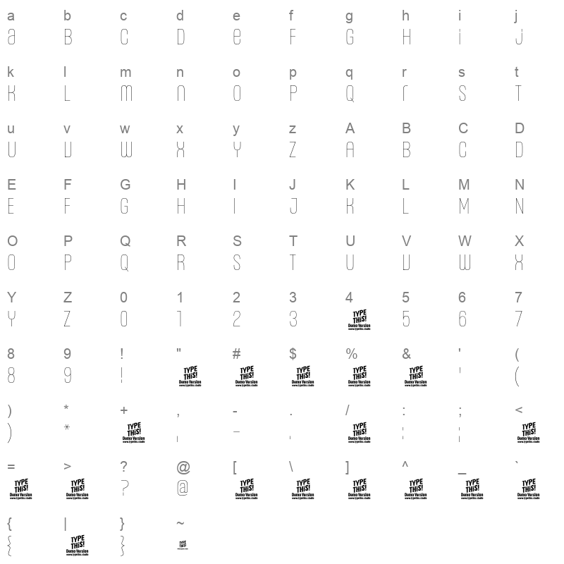 HeadlinesUniC Thin Character Map
