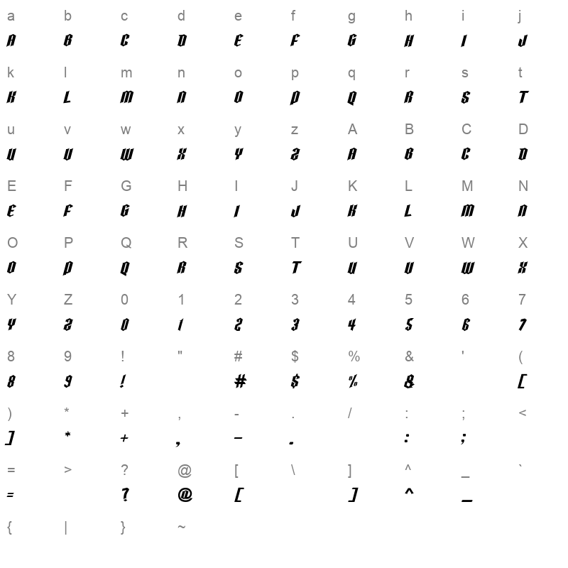 HELLFIRE font Character Map