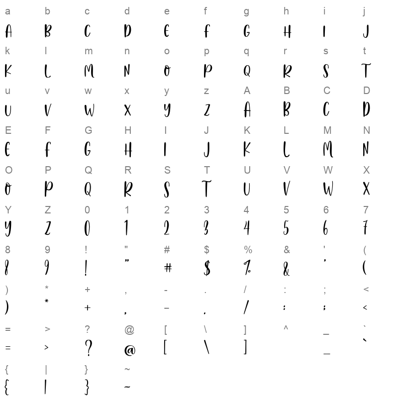 Hello Bluebird Sans Character Map