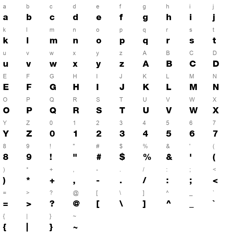 Helvetica 65 Medium Bold Character Map