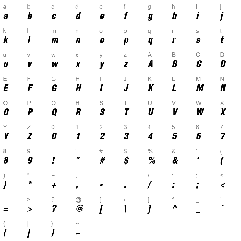 Helvetica Black Condensed Oblique Character Map