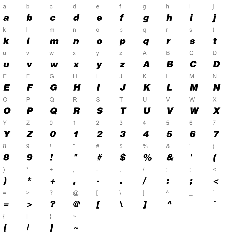 Helvetica .Black Oblique Character Map