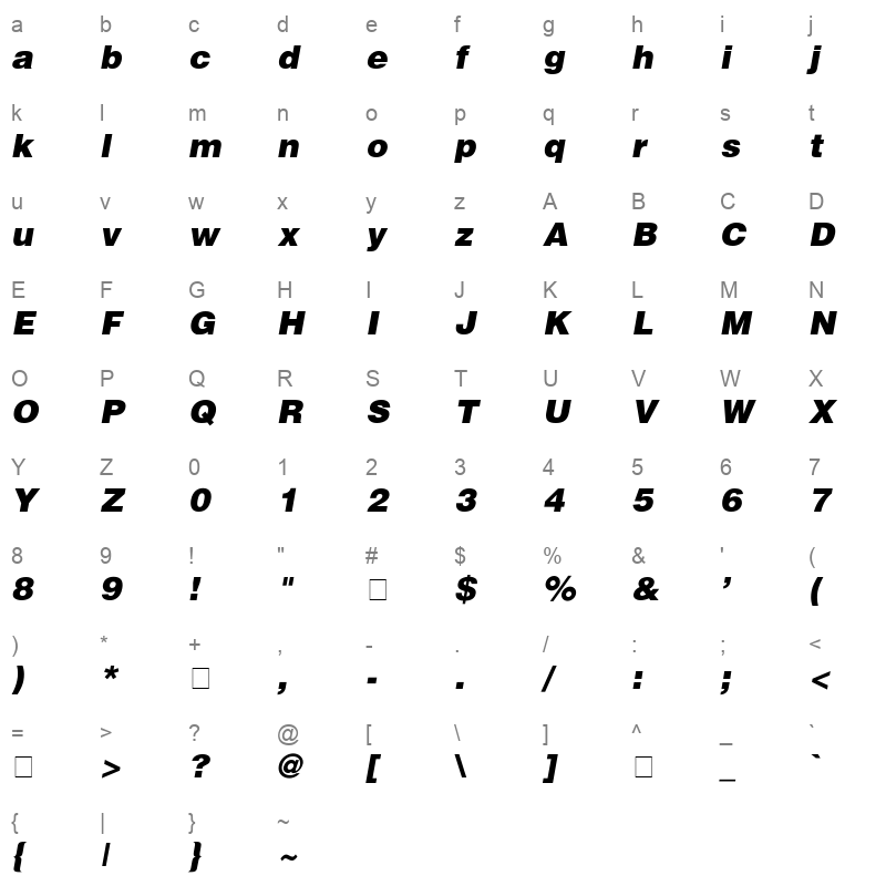 Helvetica BlackItalic Regular Character Map