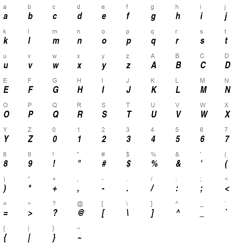 Helvetica Bold Narrow Oblique Character Map