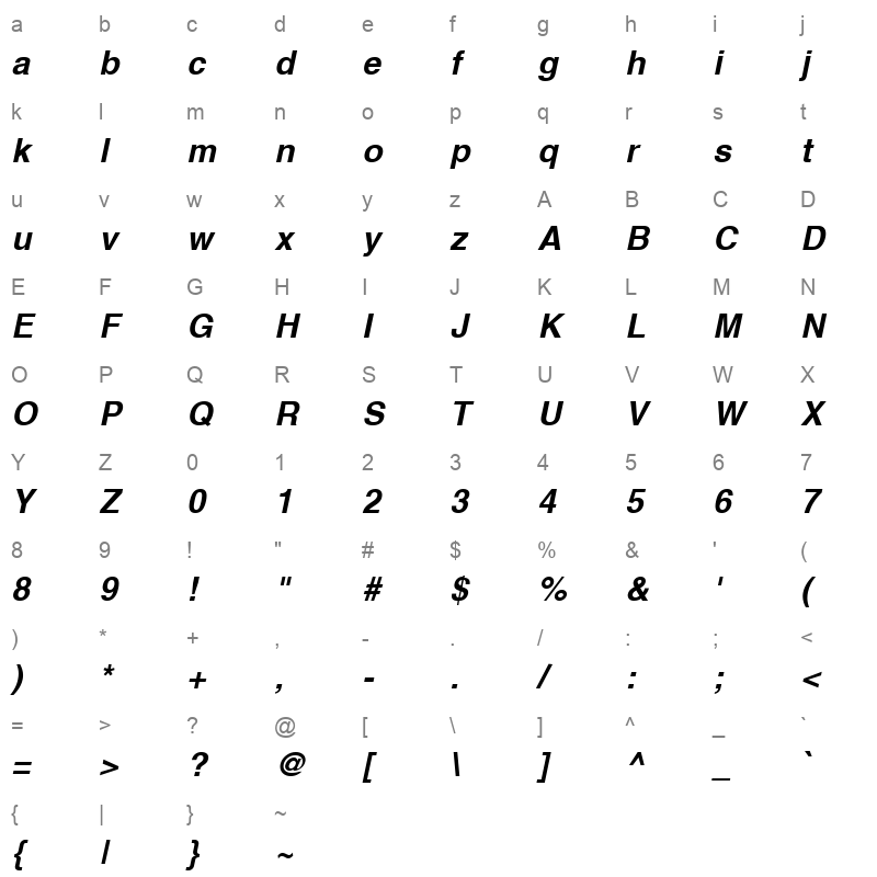 Helvetica Bold Oblique Character Map