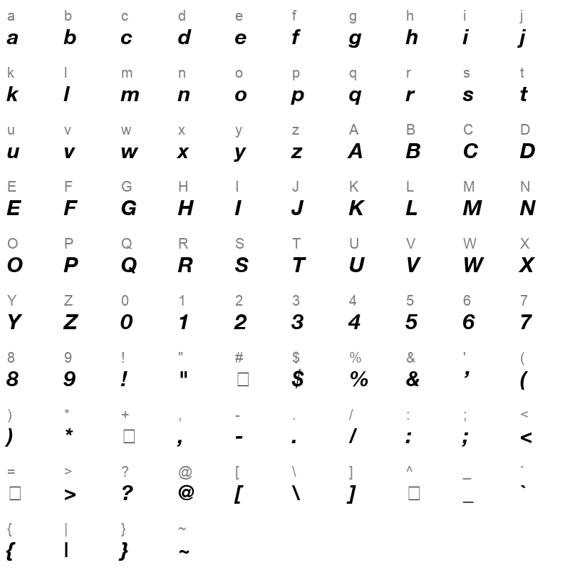Helvetica BoldItalic Regular Character Map