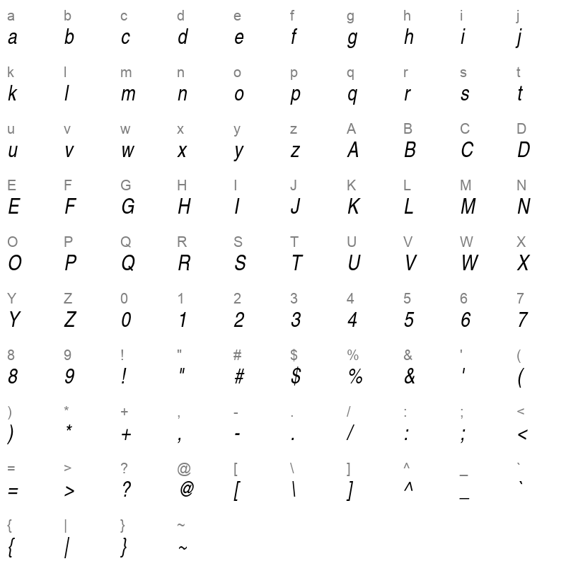 Helvetica CE Narrow Oblique Character Map