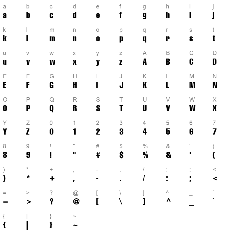Helvetica Compressed Roman Character Map