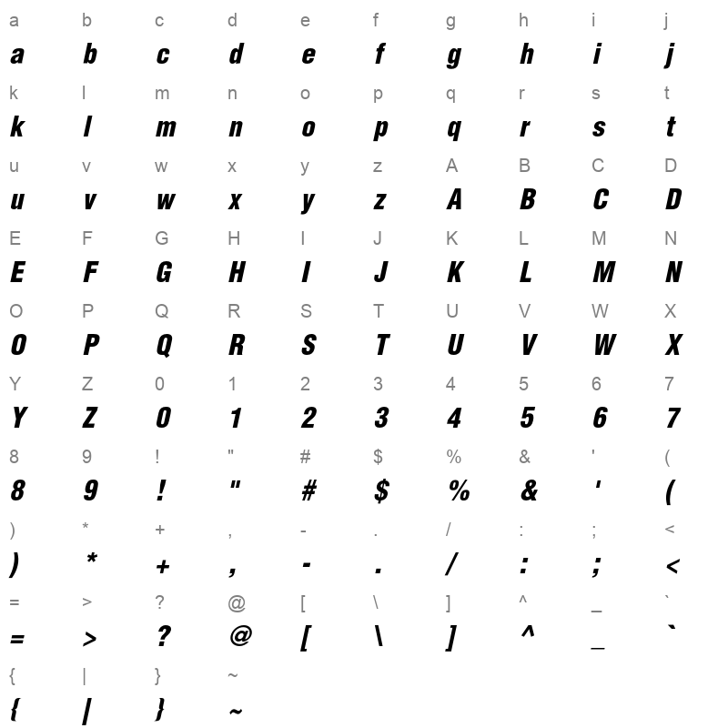 Helvetica Condensed Black Oblique Character Map