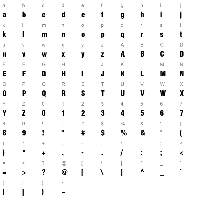 Helvetica Condensed Black Regular Character Map