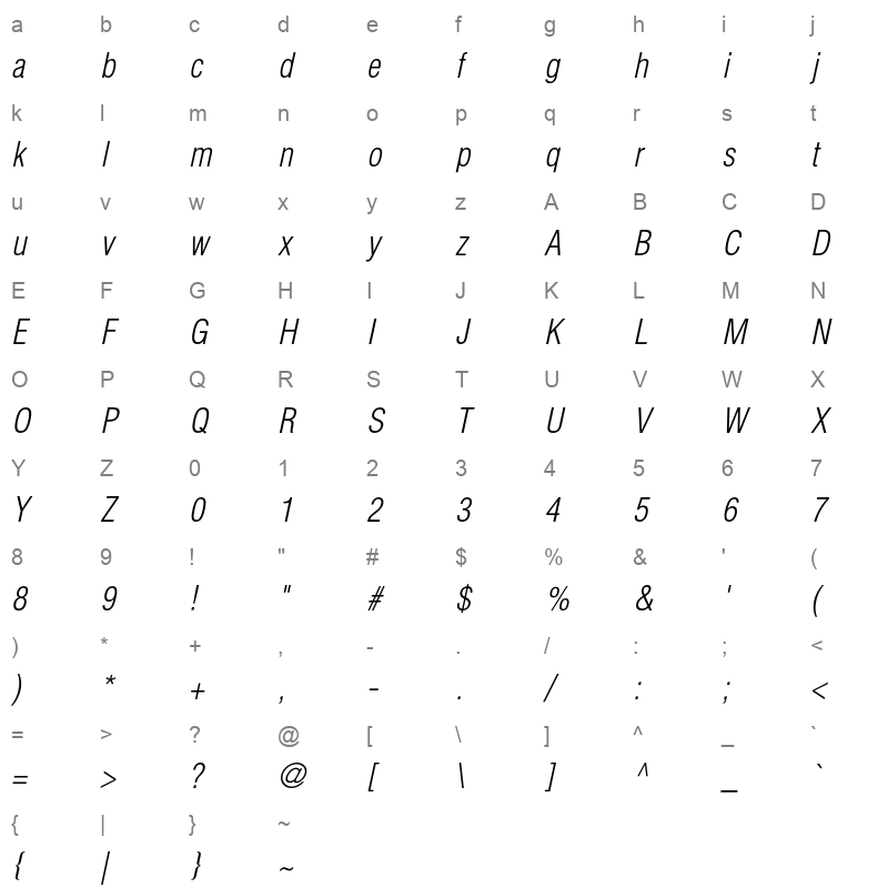 Helvetica Condensed Light Oblique Character Map