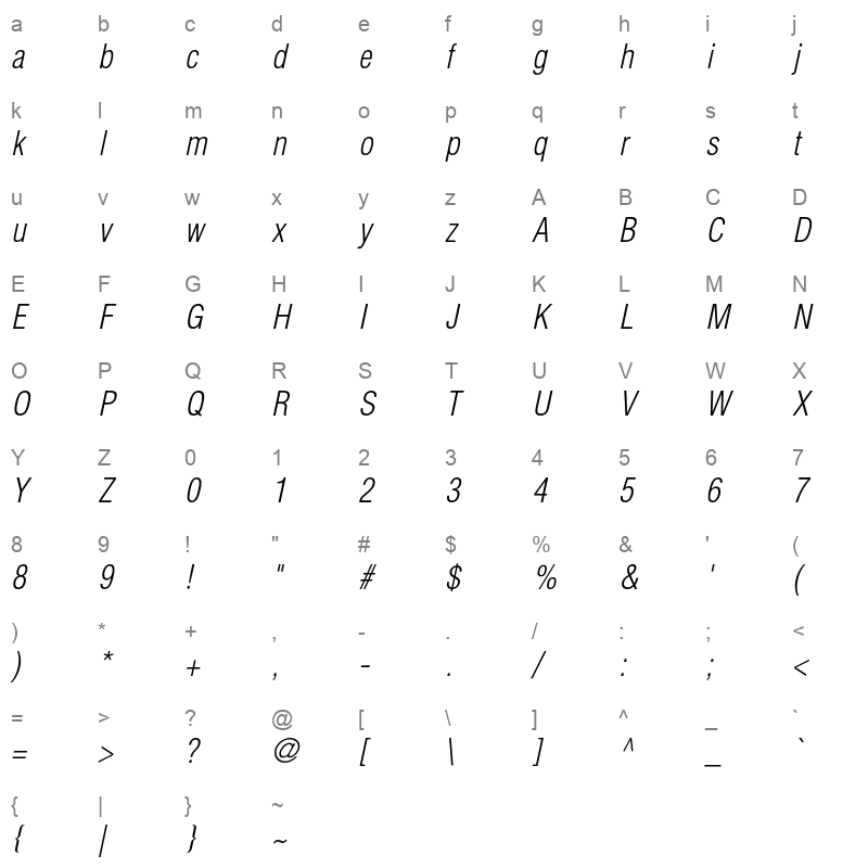 Helvetica Light Condensed Oblique Character Map