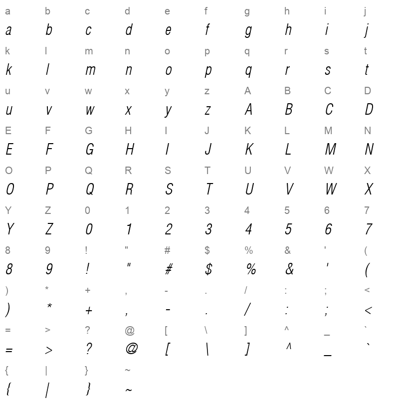 Helvetica LT CondensedLight Italic Character Map