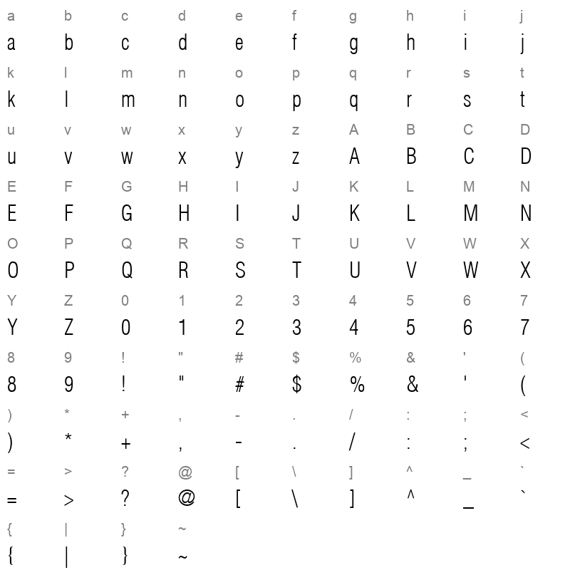 Helvetica LT CondensedLight Regular Character Map