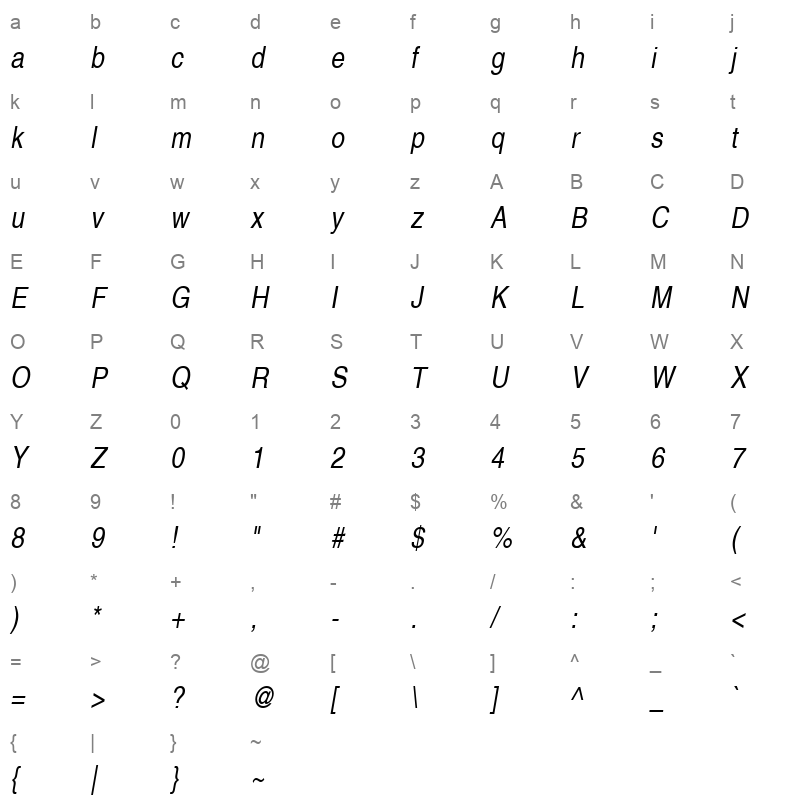 Helvetica LT Narrow Italic Character Map