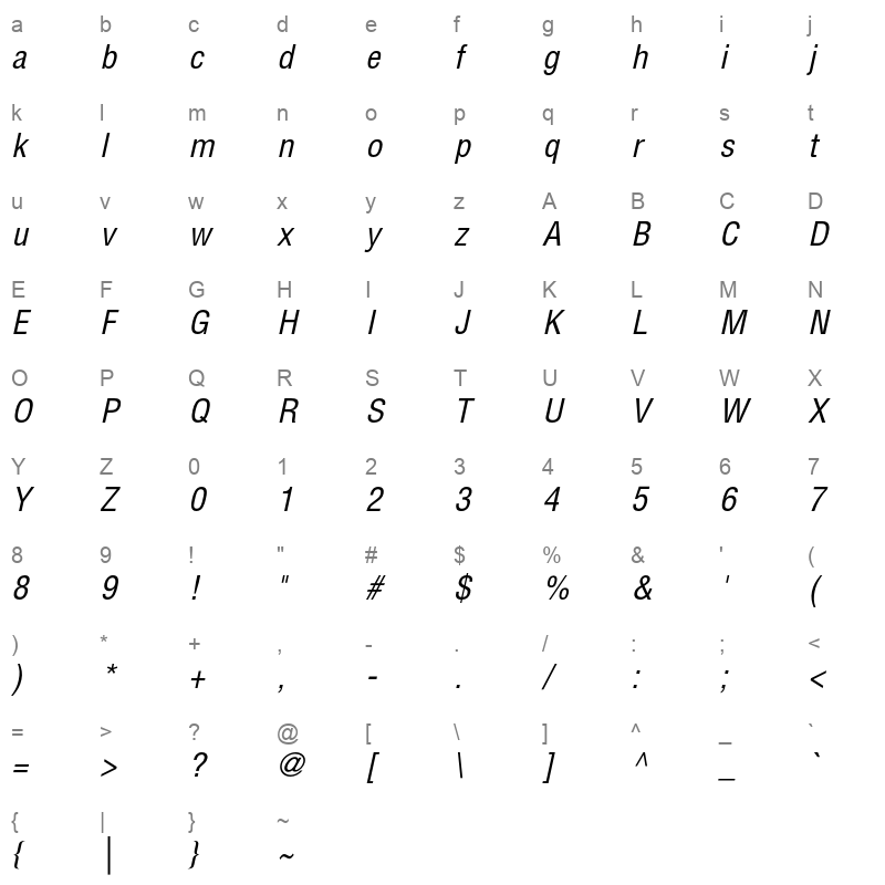 Helvetica LT Std Condensed Oblique Character Map