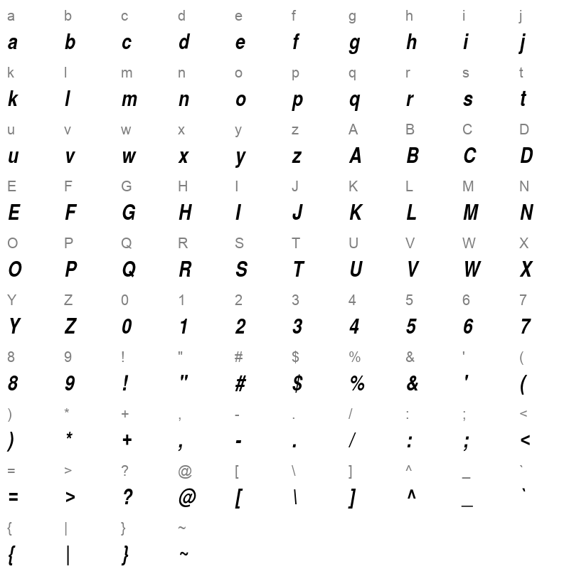 Helvetica Narrow Bold Italic Character Map