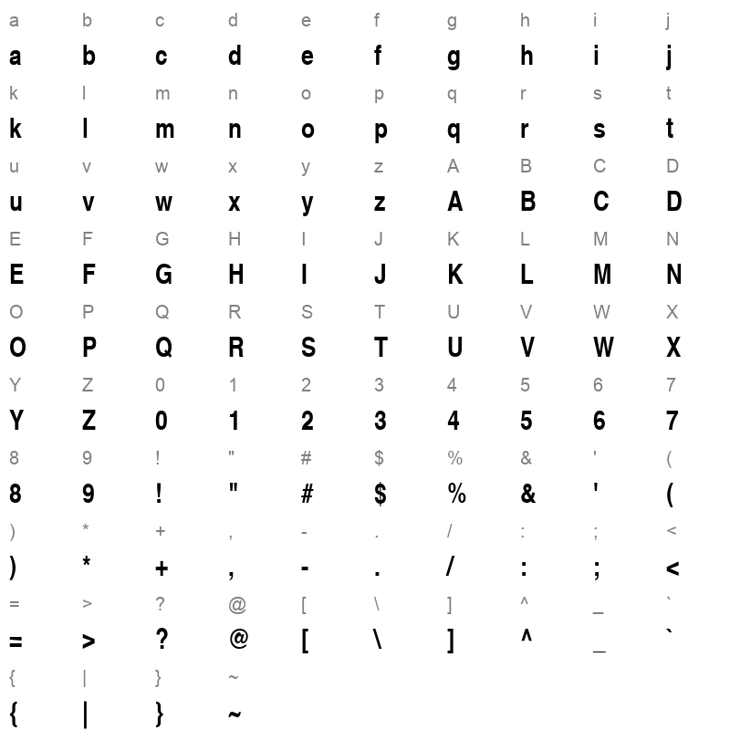 Helvetica Narrow CE Bold Character Map