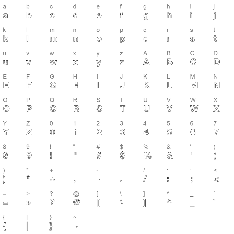 Helvetica Neue LT Pro 75 Bold Outline Character Map