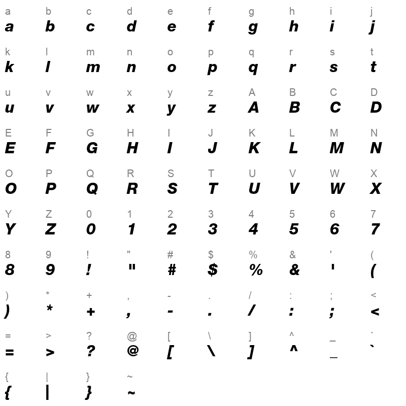 Helvetica Neue LT Pro 86 Heavy Italic Character Map