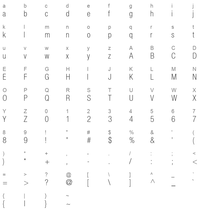 Helvetica Neue LT Std 37 Thin Condensed Character Map