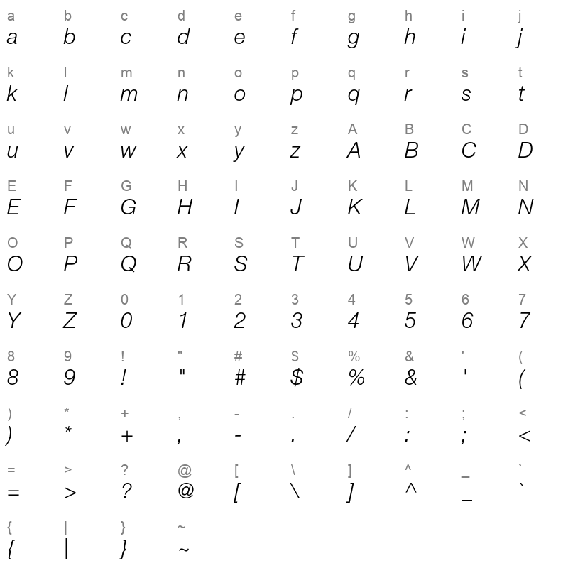 Helvetica Neue LT Std 46 Light Italic Character Map