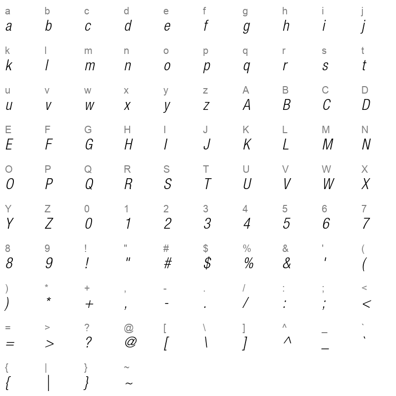 Helvetica Neue LT Std 47 Light Condensed Oblique Character Map