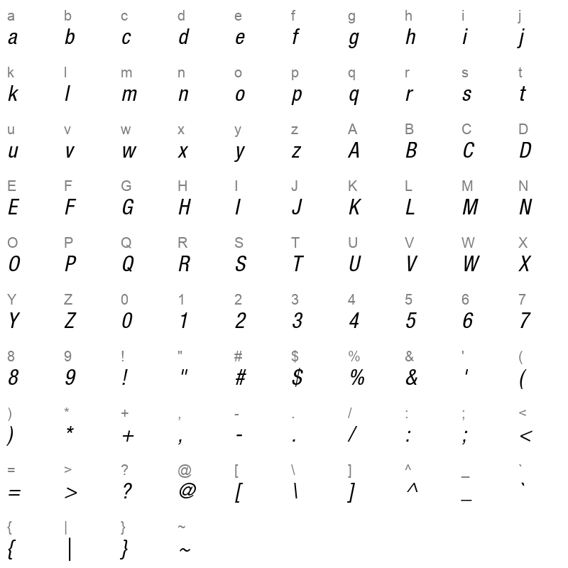 Helvetica Neue LT Std 57 Condensed Oblique Character Map