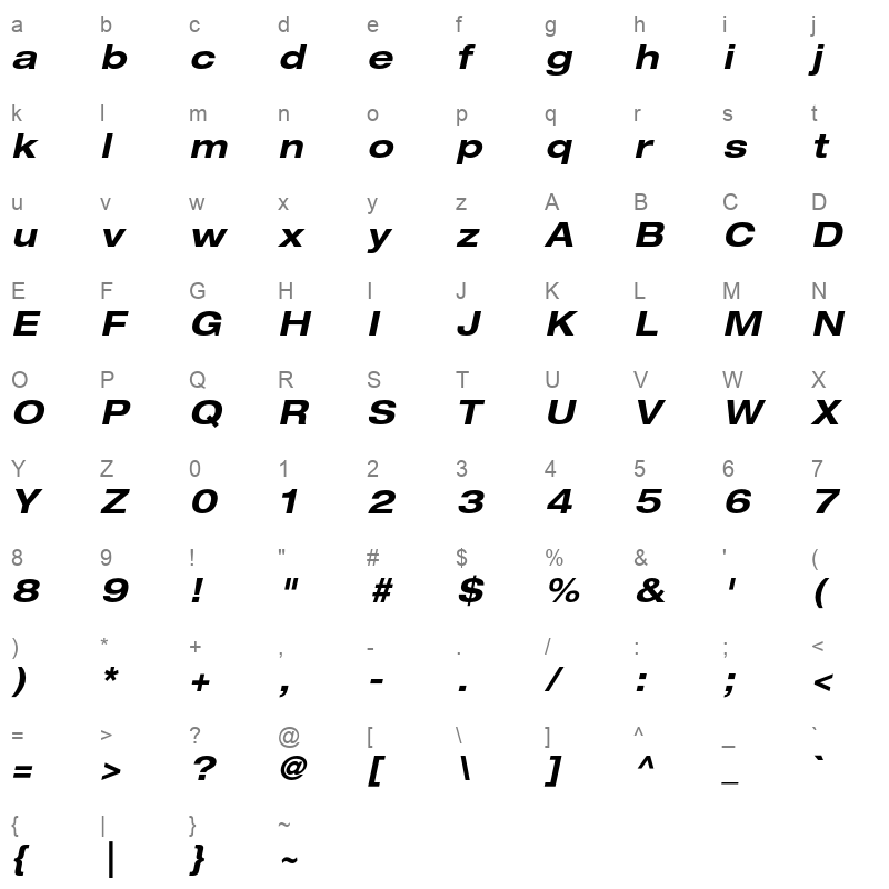 Helvetica Neue LT Std 73 Bold Extended Oblique Character Map