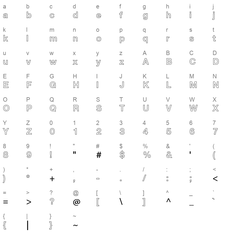 Helvetica Neue LT Std 75 Bold Outline Character Map