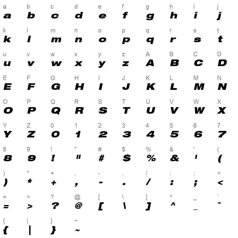 Helvetica Neue LT Std 93 Black Extended Oblique Character Map