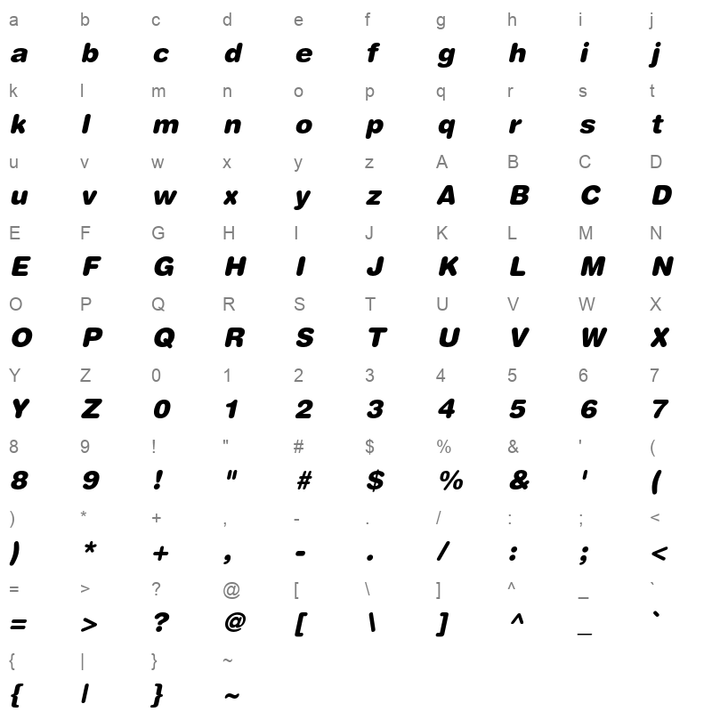 Helvetica Rounded Black Oblique Character Map