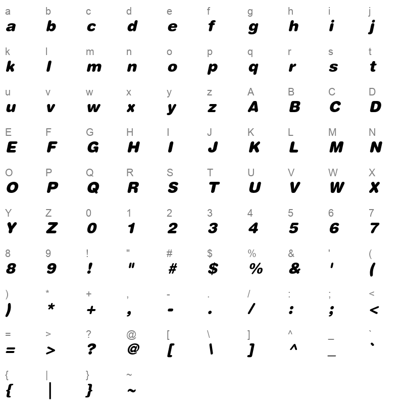Helvetica Rounded LT Std Black Oblique Character Map