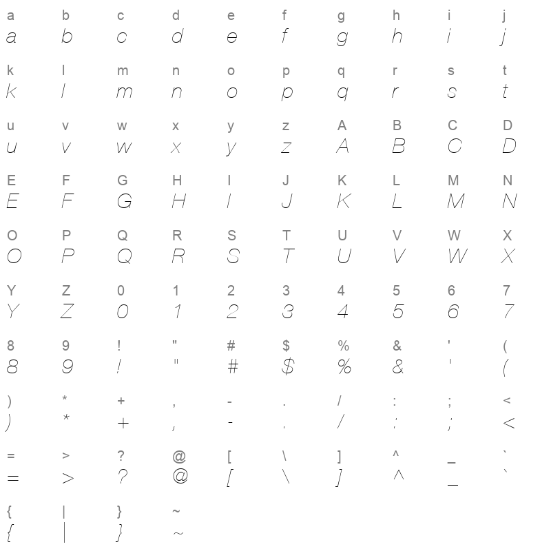 Helvetica26 UltraLight Ultra LightItalic Character Map