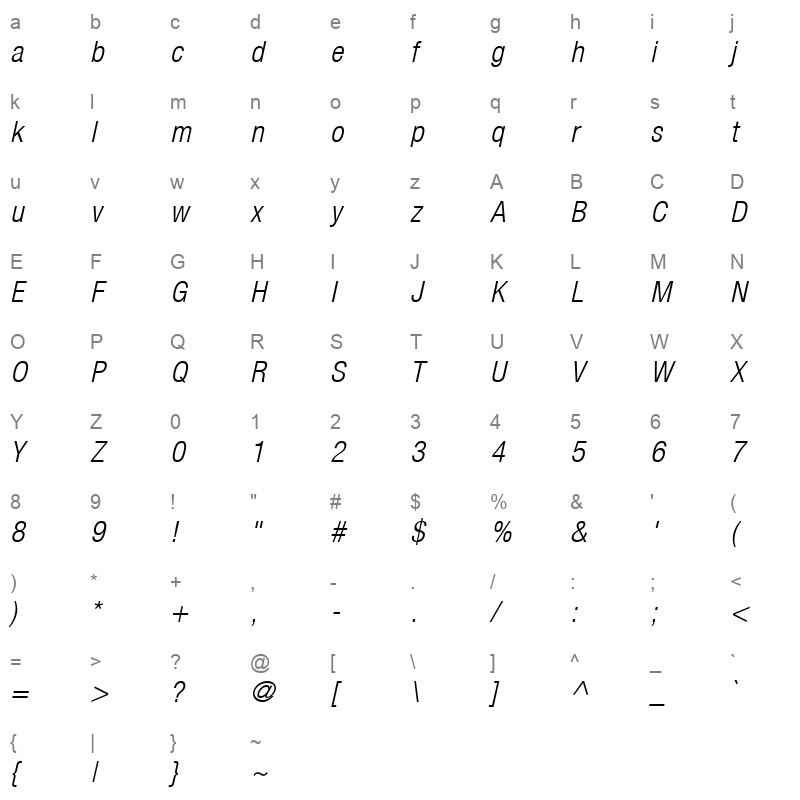 Helvetica47 CondensedLight LightItalic Character Map