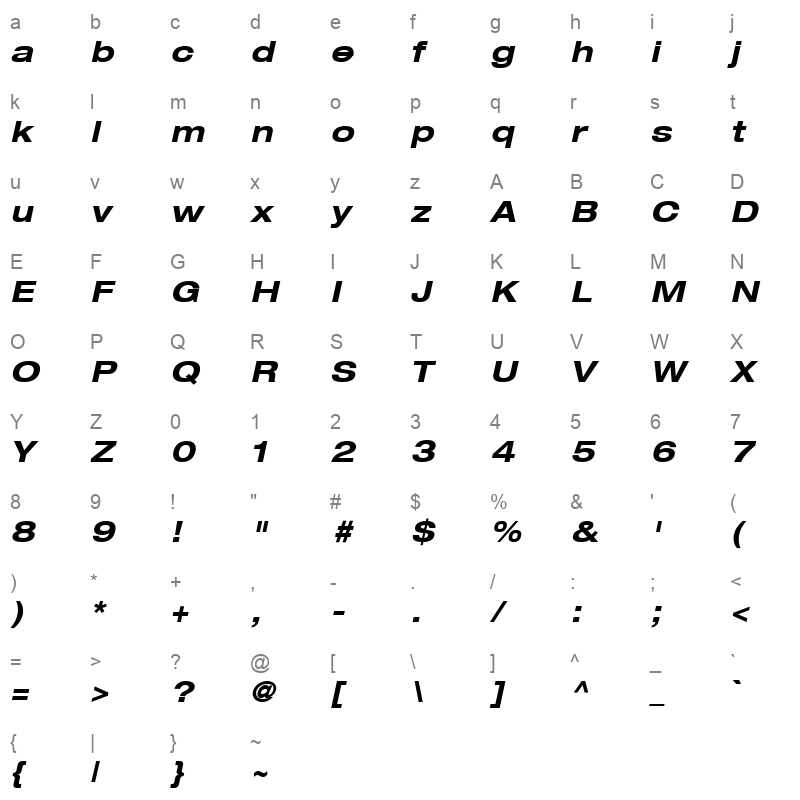 Helvetica73 Extended BoldItalic Character Map