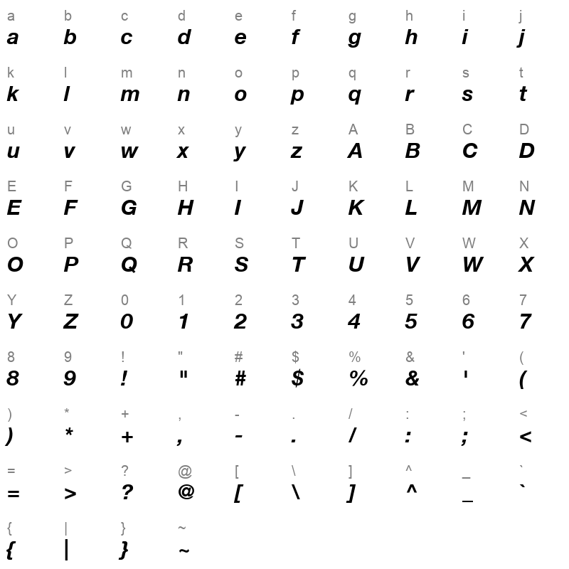 Helvetica76 BoldItalic Character Map