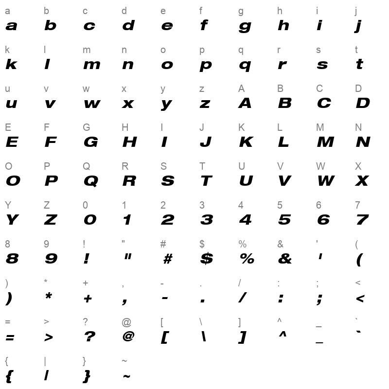 Helvetica83 ExtendedHeavy HeavyItalic Character Map