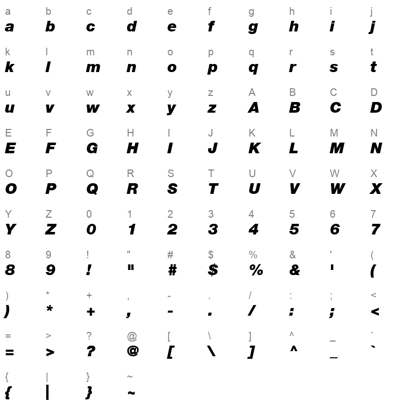 Helvetica96 Black BlackItalic Character Map