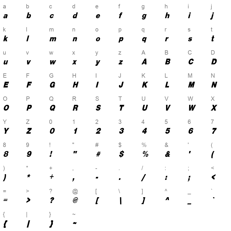 HelveticaCndObl Heavy Regular Character Map