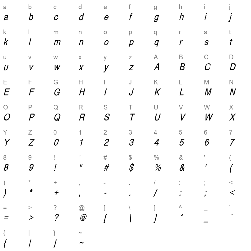 HelveticaCndObl Normal Regular Character Map