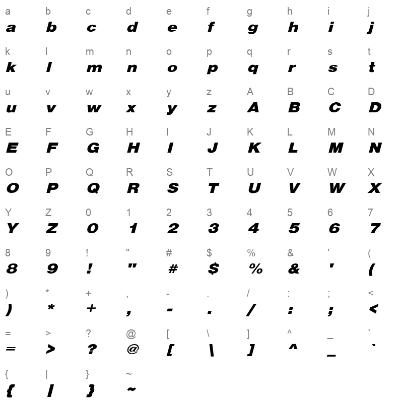 HelveticaExtObl Heavy Regular Character Map