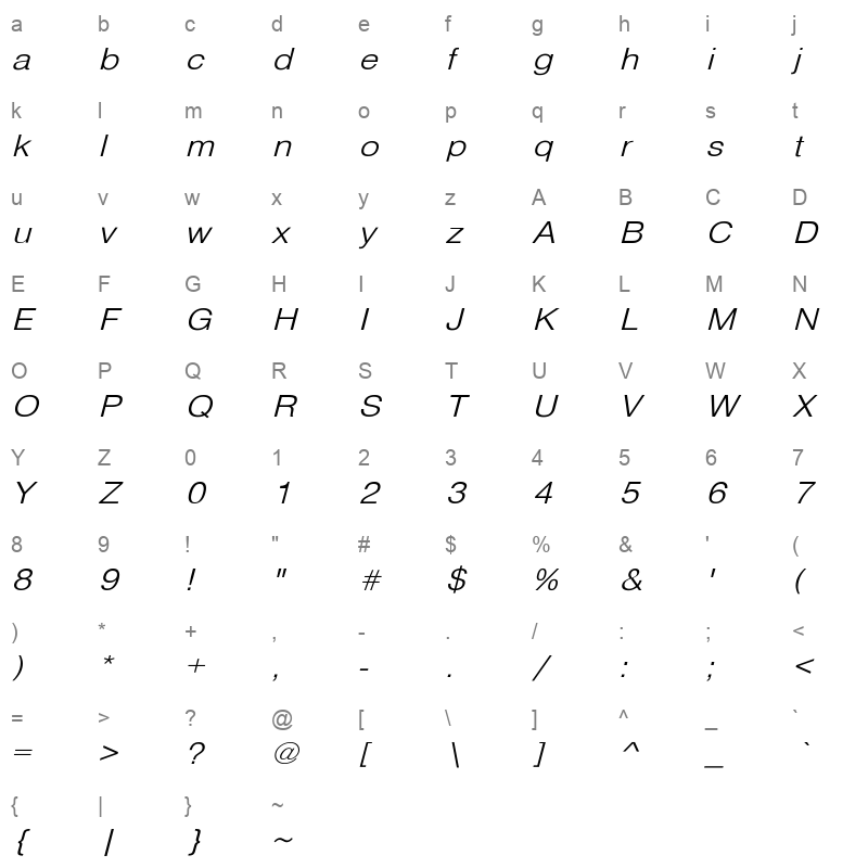 HelveticaExtObl Light Regular Character Map