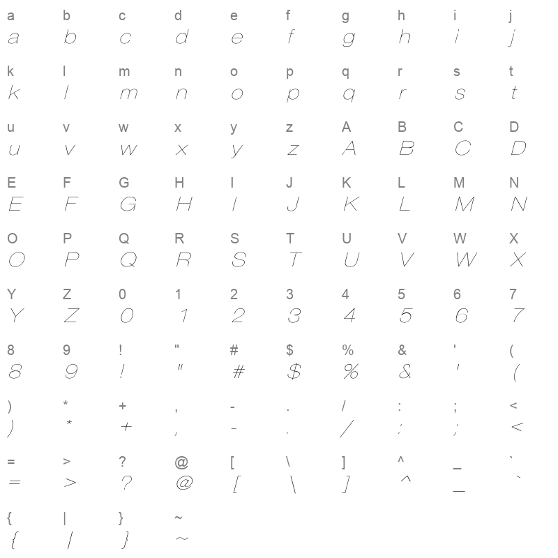 HelveticaExtObl Thin Regular Character Map