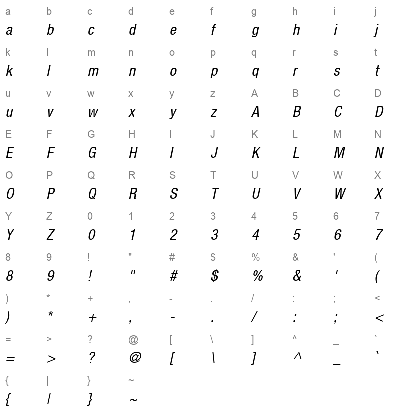HelveticaNeueCond Italic Character Map