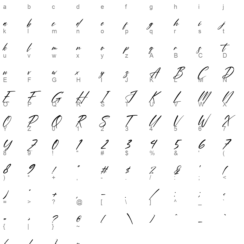 Hirarki Signature Italic otf Character Map