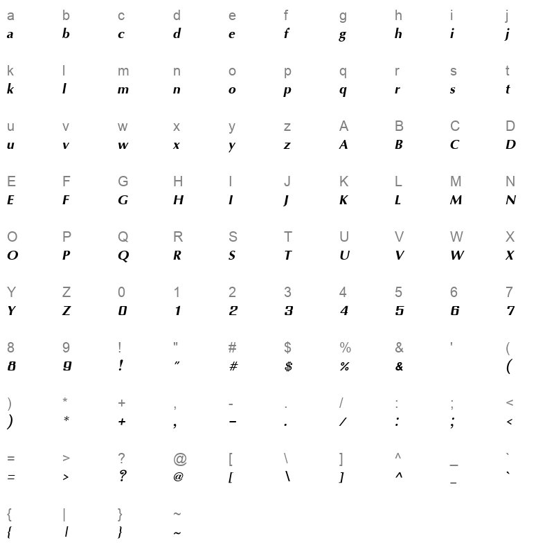 IrisUPC Bold Italic Character Map